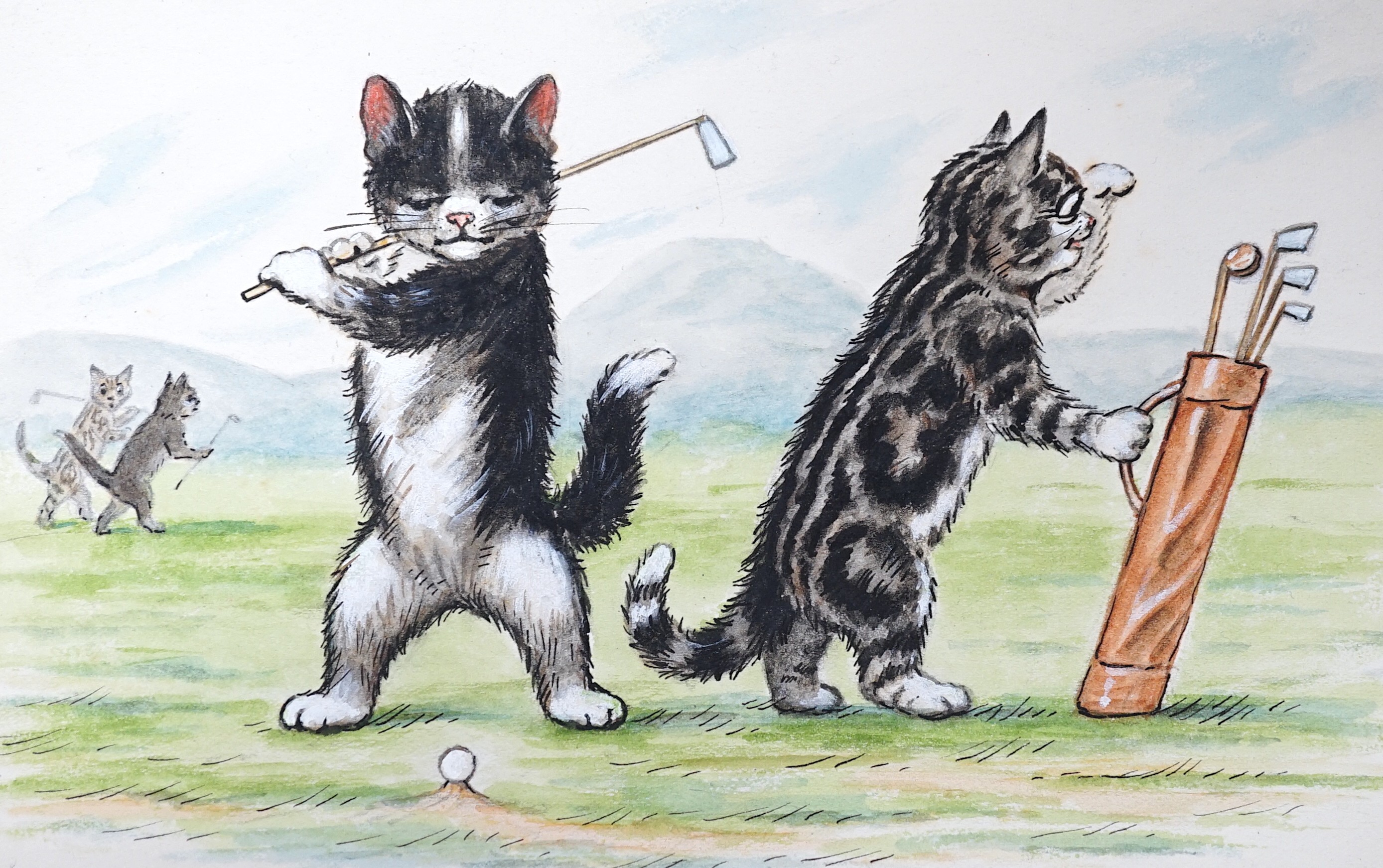 William Henry Ellam, set of six original watercolour artworks for postcards, Humorous sporting cats, 14 x 23cm, unframed